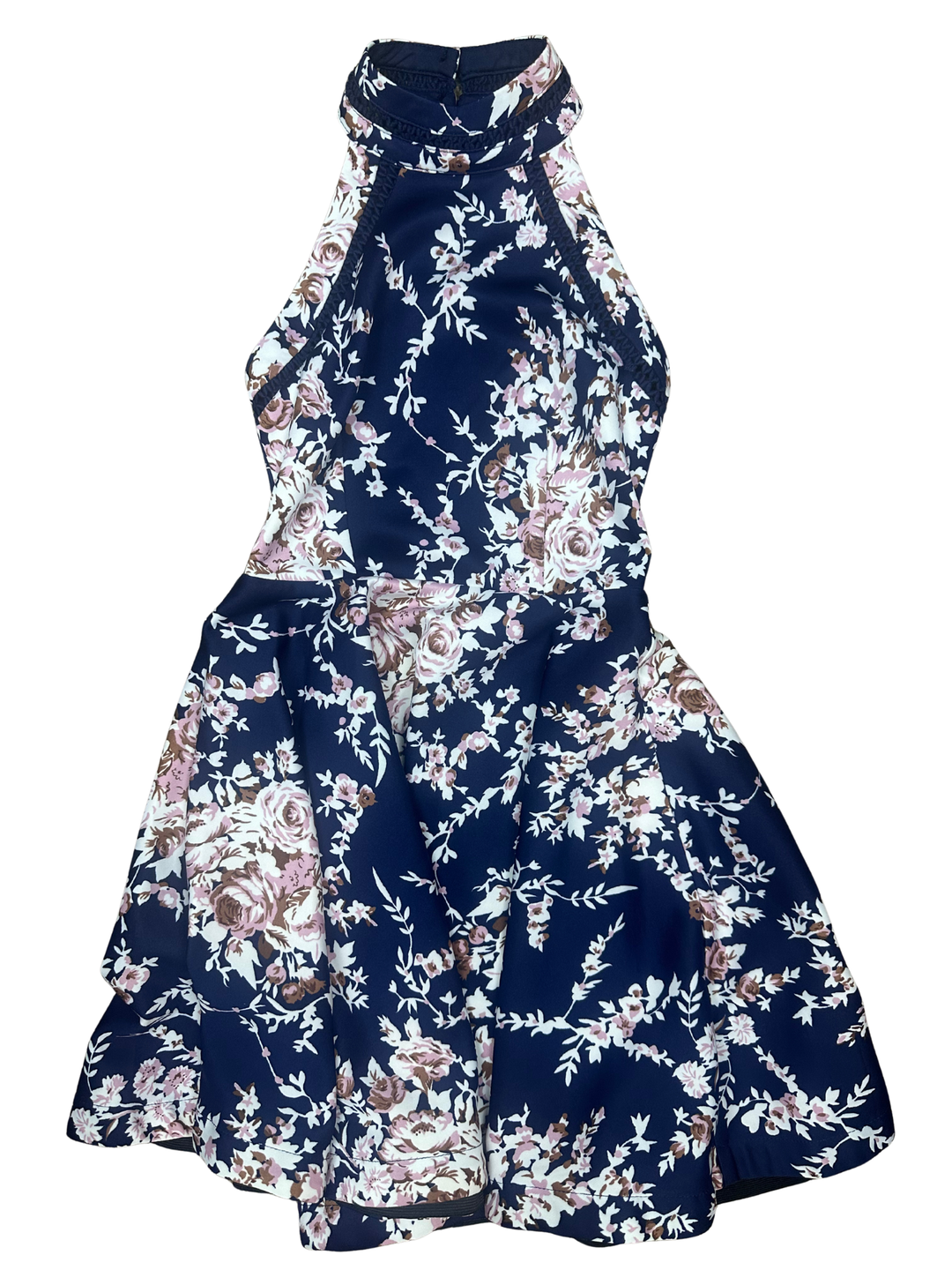 B Darlin Mock Neckline Fit & Flare Pleated Floral Navy, Cream, & Pink Dress