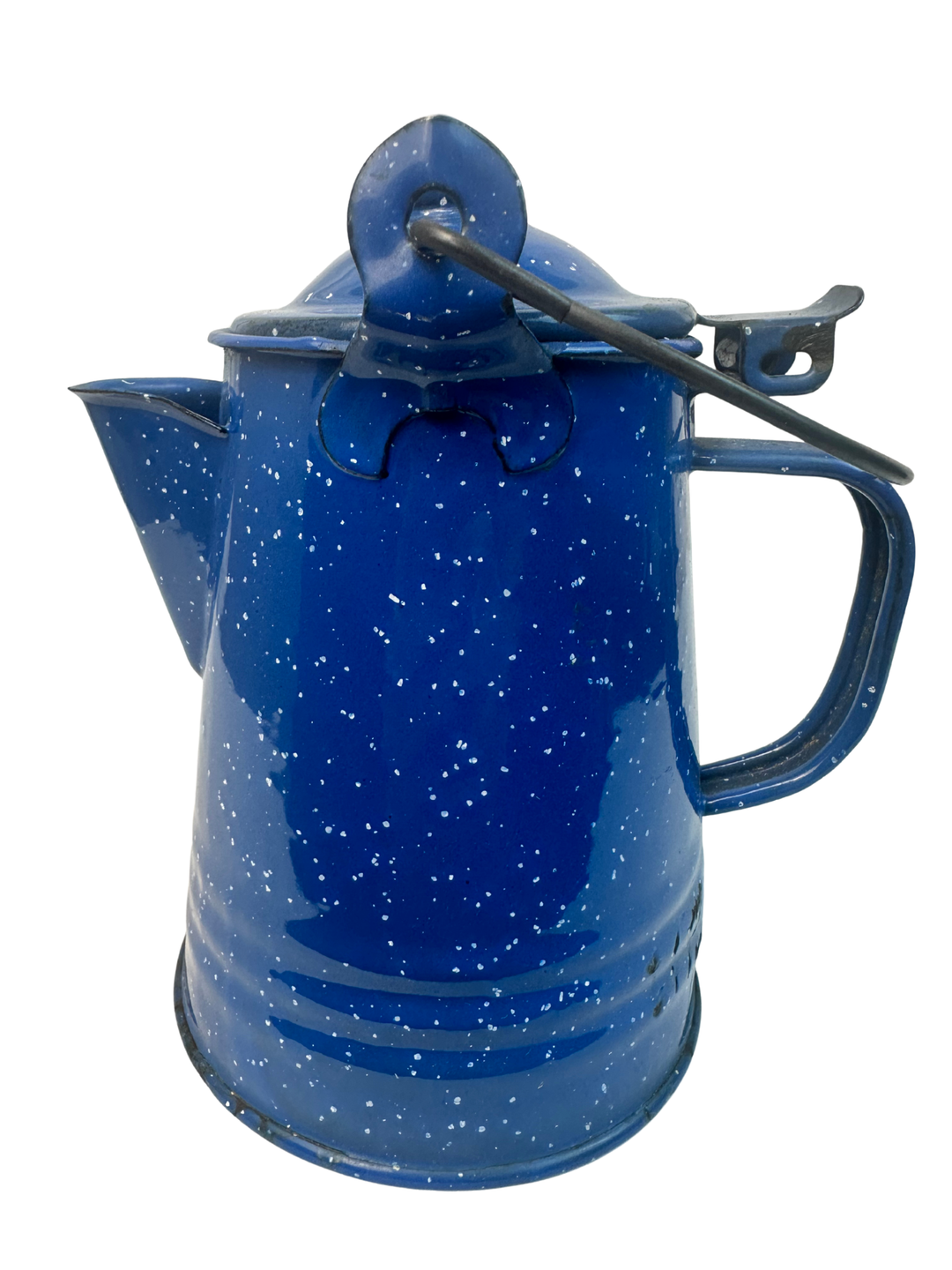 VINTAGE BLUE AND WHITE SPECKLED ENAMELWARE COFFEE POT CAMPING