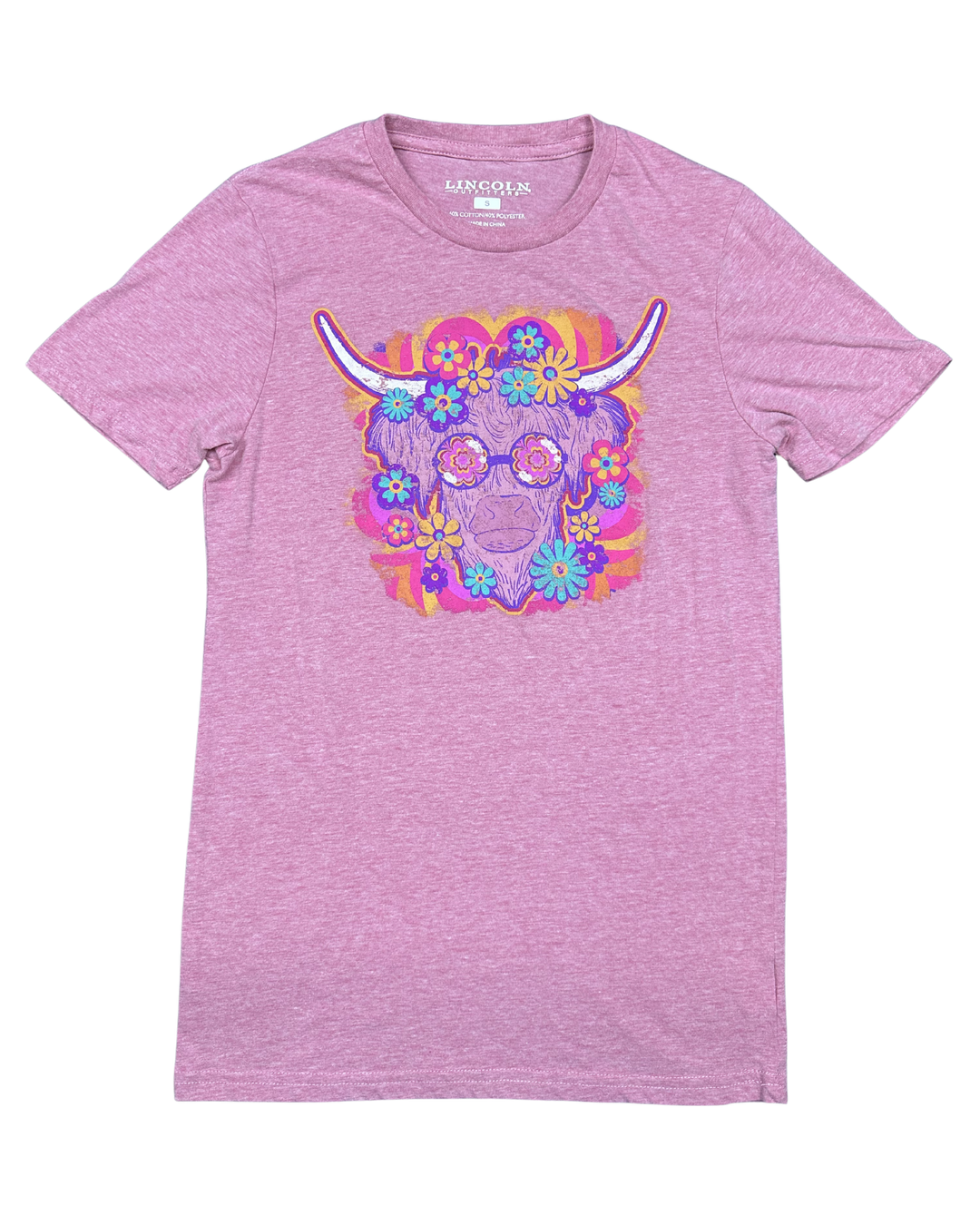 Lincoln Outfitters Psychedelic Highland Cow Graphic T-Shirt (Small)