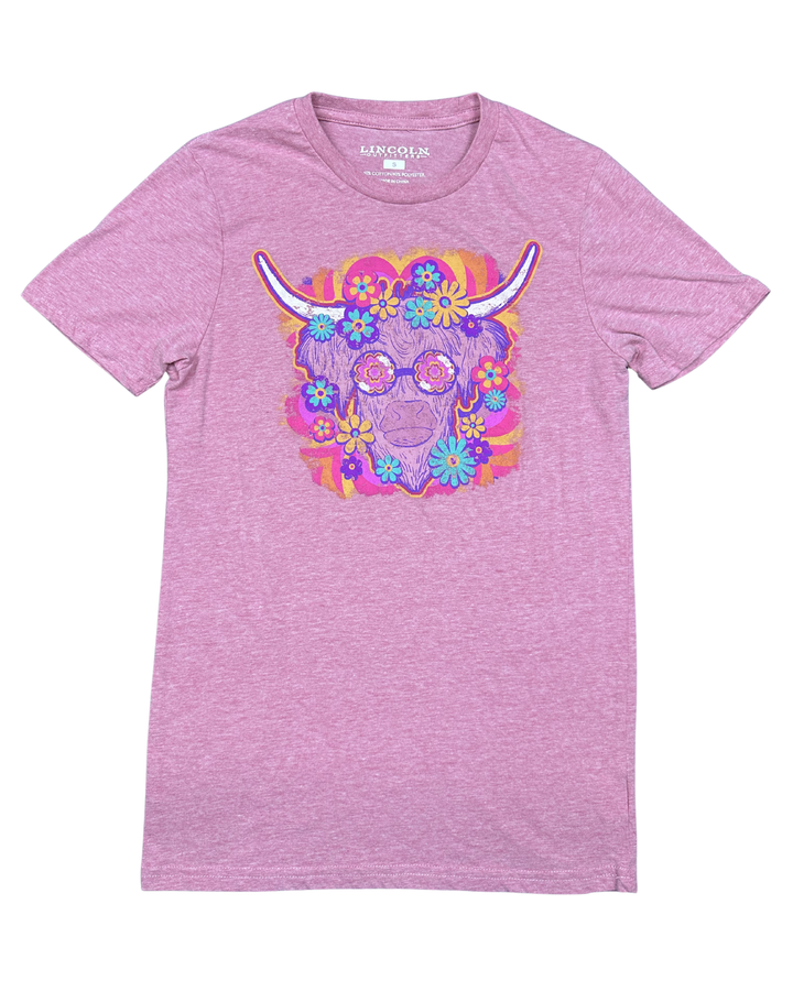 Lincoln Outfitters Psychedelic Highland Cow Graphic T-Shirt (Small)