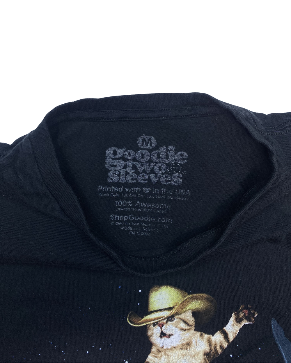 Goodie Two Sleeves Cat Riding Shark Rainbow Graphic T-Shirt (Medium)