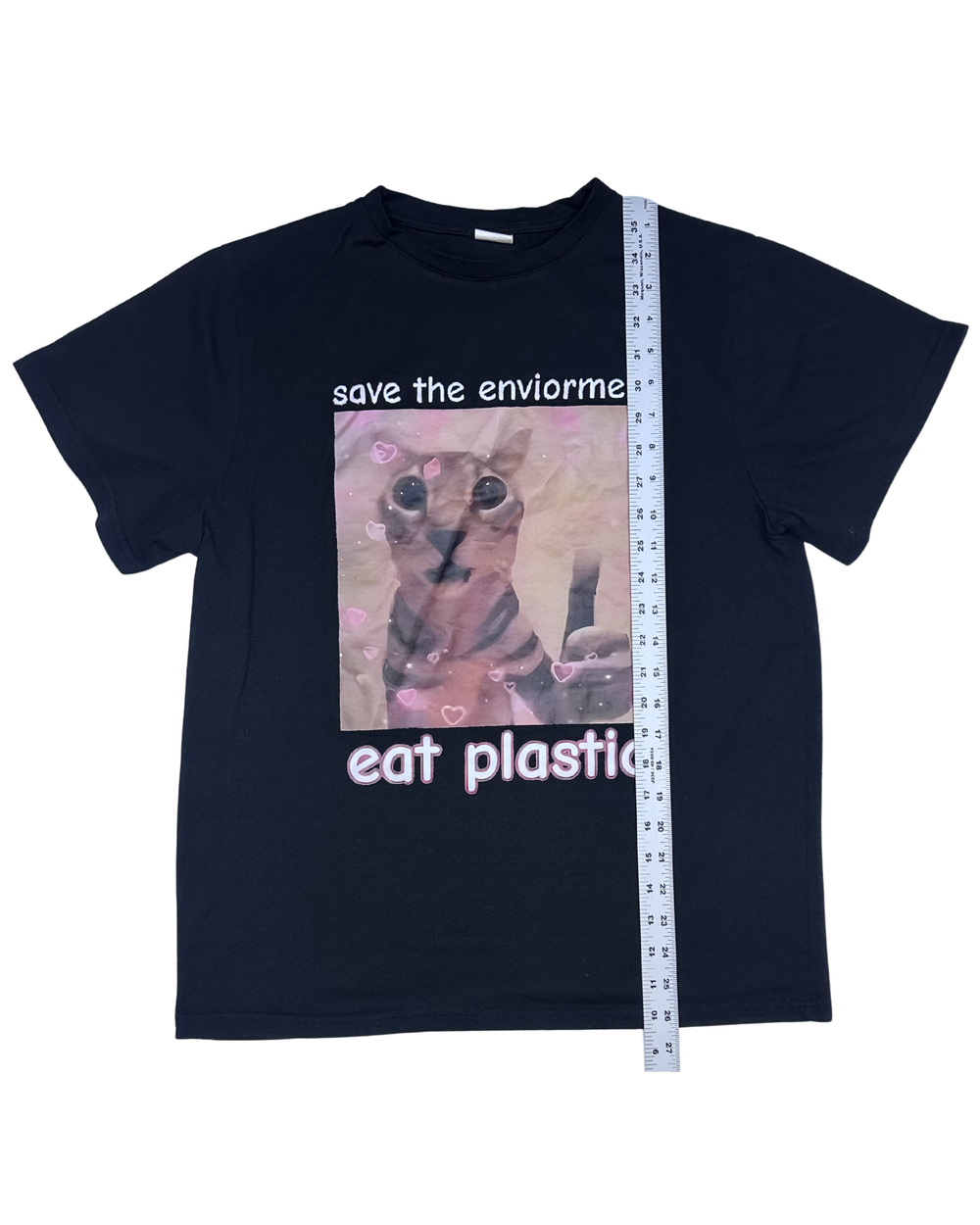 Save the Environment Eat Plastic Cat Meme Graphic T-Shirt (Small)