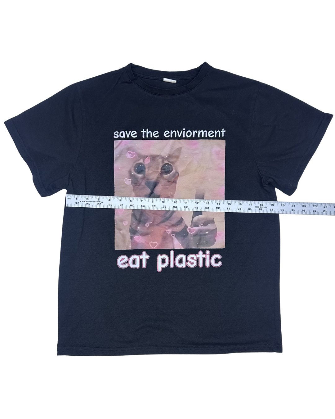 Save the Environment Eat Plastic Cat Meme Graphic T-Shirt (Small)