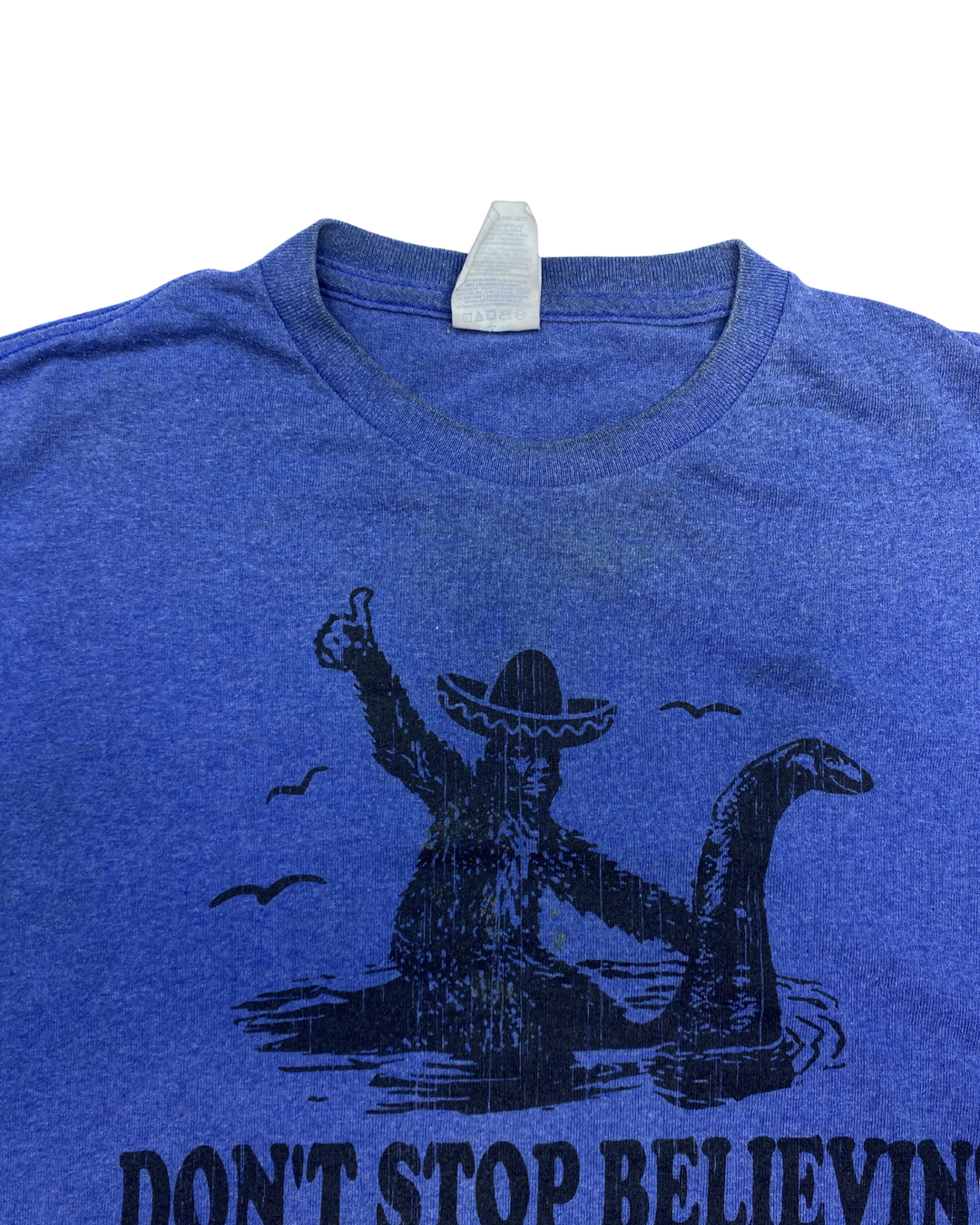 Don't Stop Believin' Bigfoot Loch Ness Monster Graphic T-Shirt (Large)