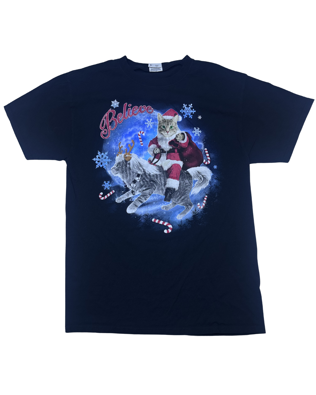Christmas Cat Believe Santa Graphic T-Shirt (Medium)