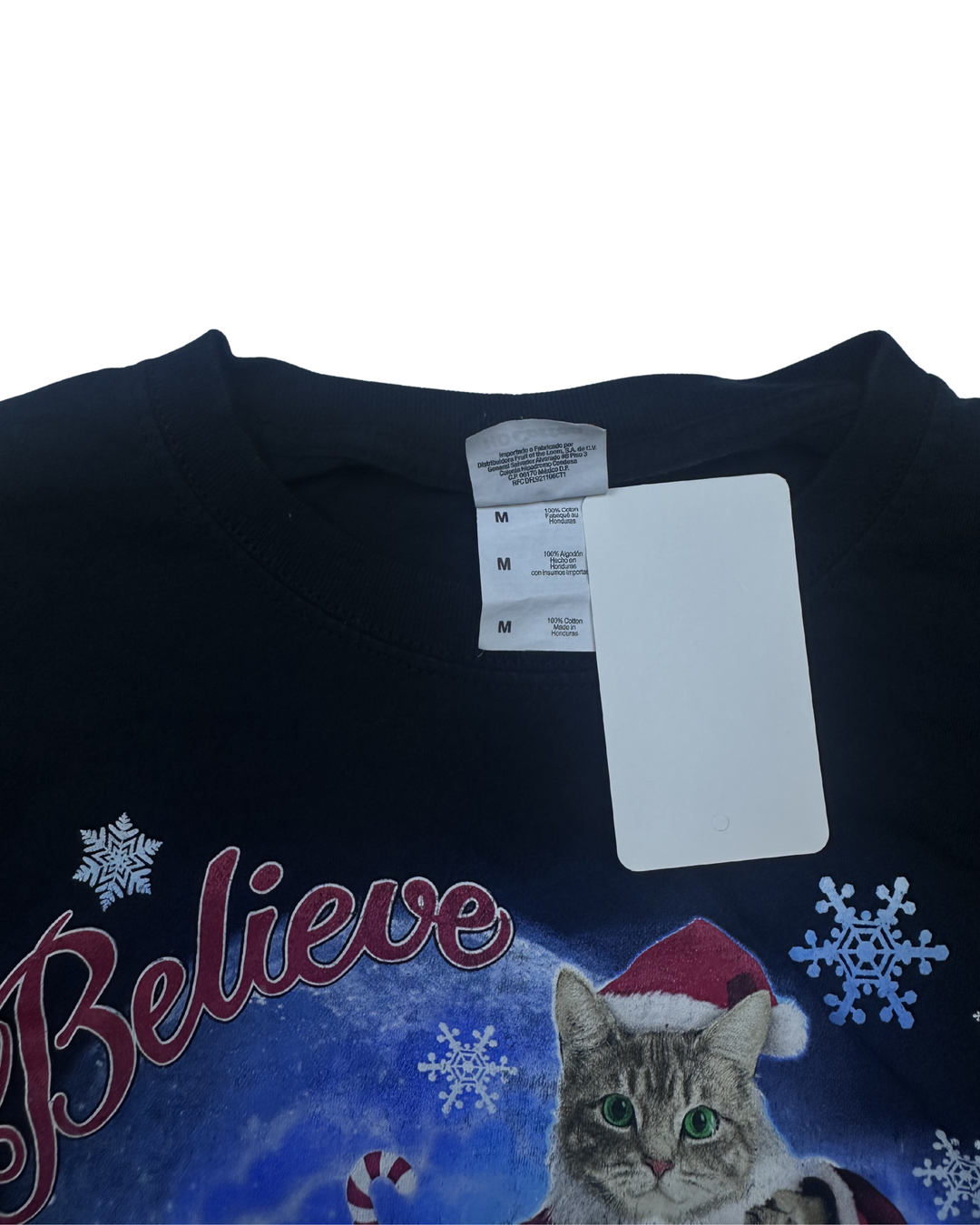 Christmas Cat Believe Santa Graphic T-Shirt (Medium)