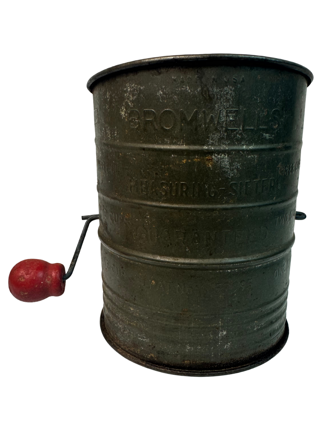 Vintage Bromwell's 3 Cup Rustic Kitchen Flour Sifter Tin Red Wooden Handle MCM