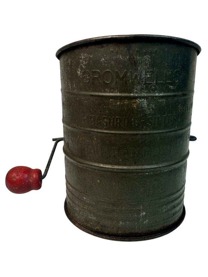Vintage Bromwell's 3 Cup Rustic Kitchen Flour Sifter Tin Red Wooden Handle MCM