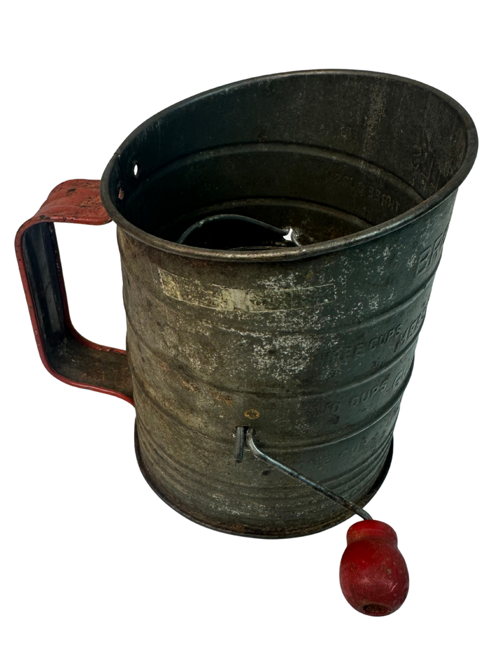 Vintage Bromwell's 3 Cup Rustic Kitchen Flour Sifter Tin Red Wooden Handle MCM