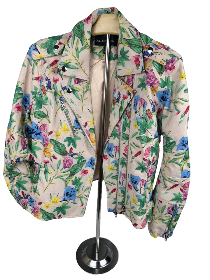 Colleen Lopez Small Jacket Faux Leather Floral Ivory Pink Green (large)