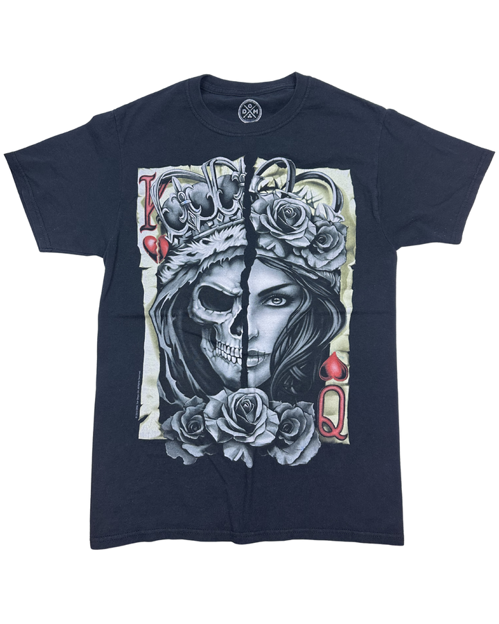 Skull and Roses Playing Card Graphic T-Shirt (small)