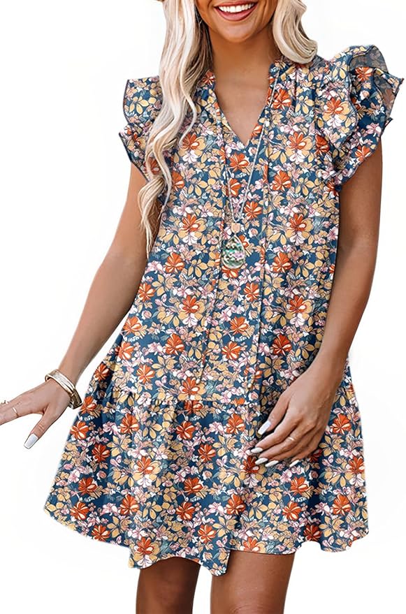 Dokotoo Womens Summer Dresses 2025 V-Neck Drawstring Ruffle Cap Short Sleeve Sid